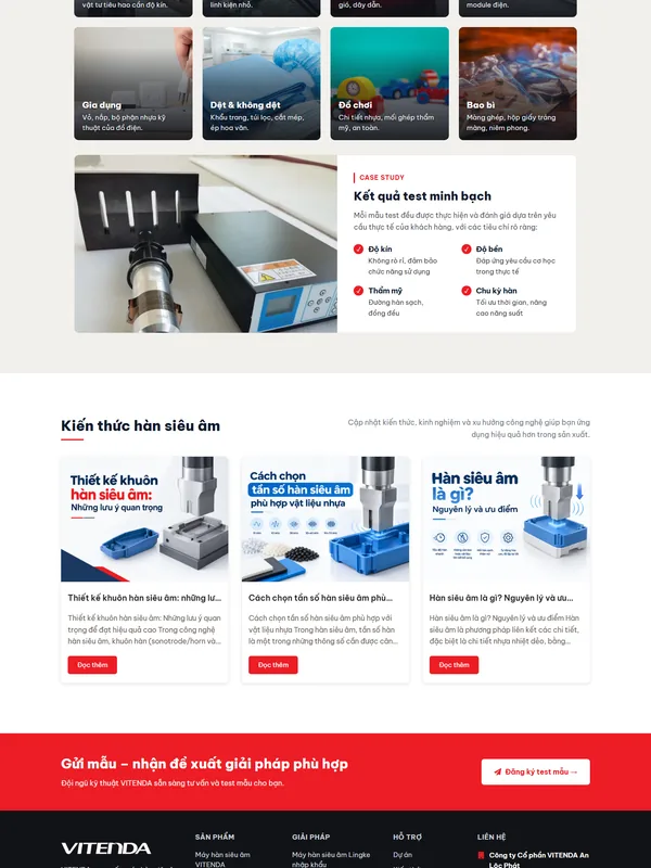 Giao diện website máy hàn siêu âm Vitenda Sonic do Net Solutions thiết kế: phần cuối trang chủ trên máy tính