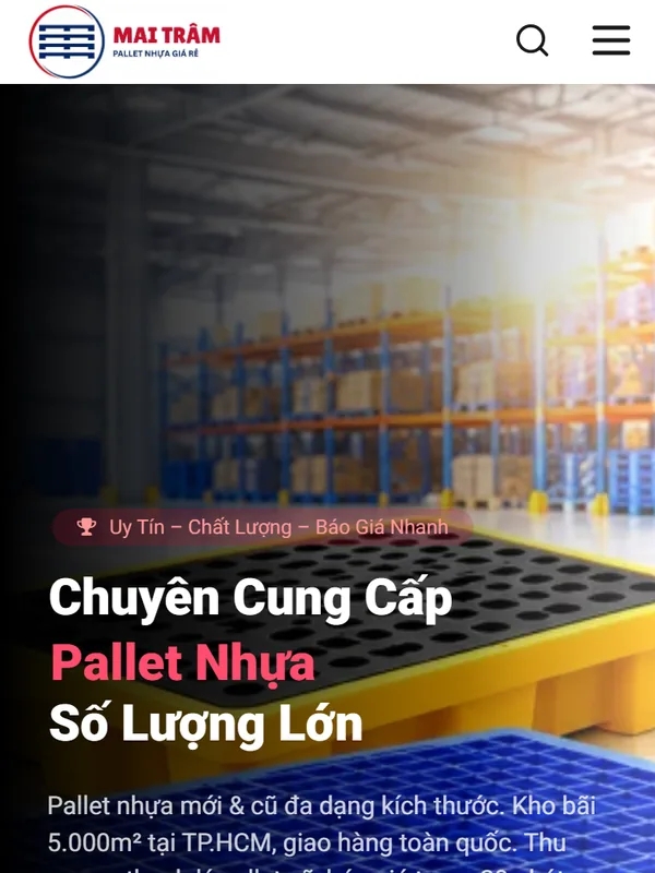 Giao diện website pallet nhựa Mai Trâm Plastic do Net Solutions thiết kế: trang chủ trên điện thoại