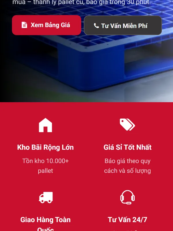 Giao diện website pallet nhựa Mai Trâm Plastic do Net Solutions thiết kế: phần tiếp theo trên điện thoại