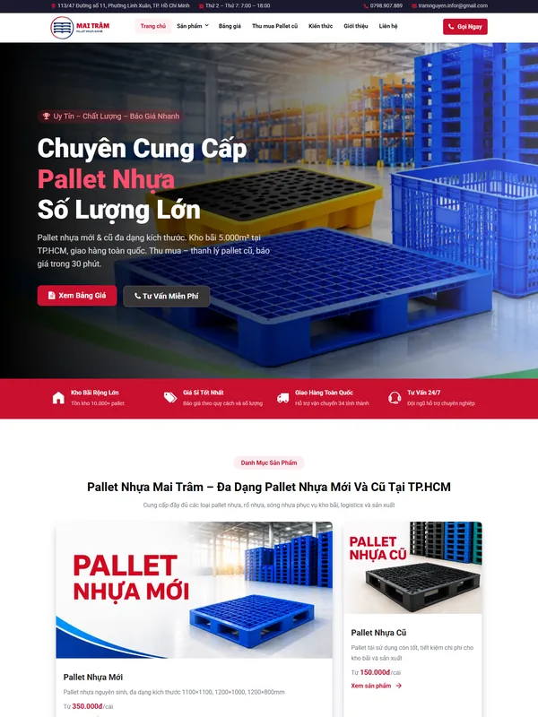 Giao diện website pallet nhựa Mai Trâm Plastic do Net Solutions thiết kế: trang chủ trên máy tính
