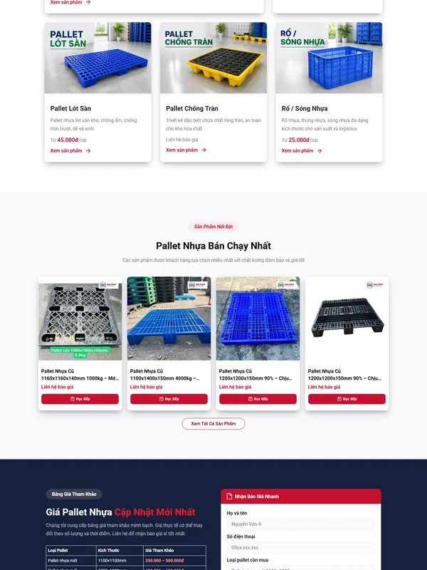 Giao diện website pallet nhựa Mai Trâm Plastic do Net Solutions thiết kế: phần giữa trang chủ trên máy tính