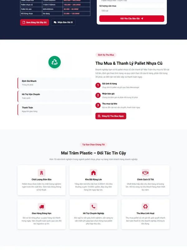 Giao diện website pallet nhựa Mai Trâm Plastic do Net Solutions thiết kế: phần cuối trang chủ trên máy tính