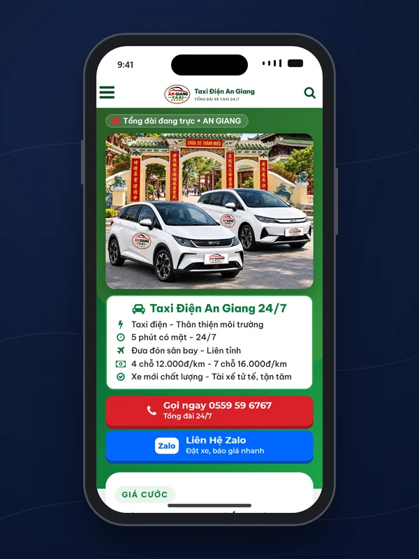 Giao diện website Taxi Điện An Giang do Net Solutions thiết kế: trang chủ trên điện thoại với nút gọi và Zalo