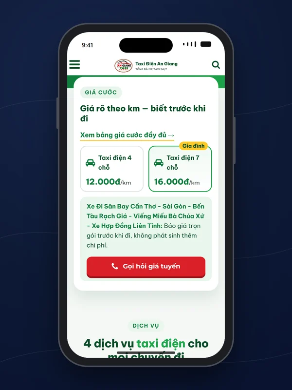 Giao diện website Taxi Điện An Giang do Net Solutions thiết kế: bảng giá cước theo km trên điện thoại