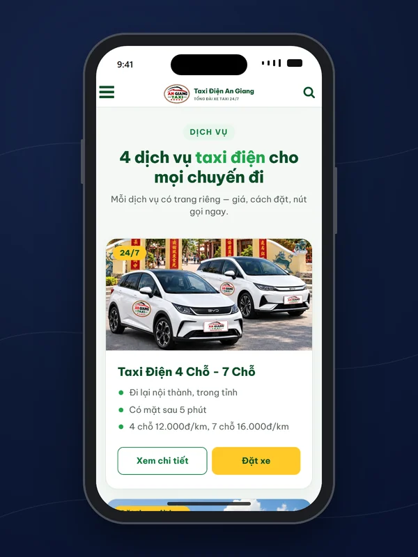 Giao diện website Taxi Điện An Giang do Net Solutions thiết kế: thẻ dịch vụ taxi điện trên điện thoại