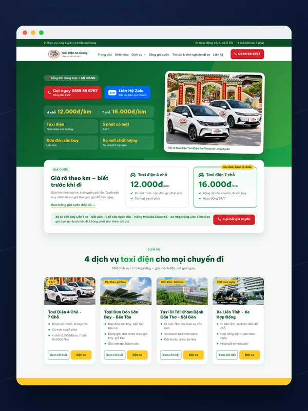 Giao diện website Taxi Điện An Giang do Net Solutions thiết kế: trang chủ trên máy tính