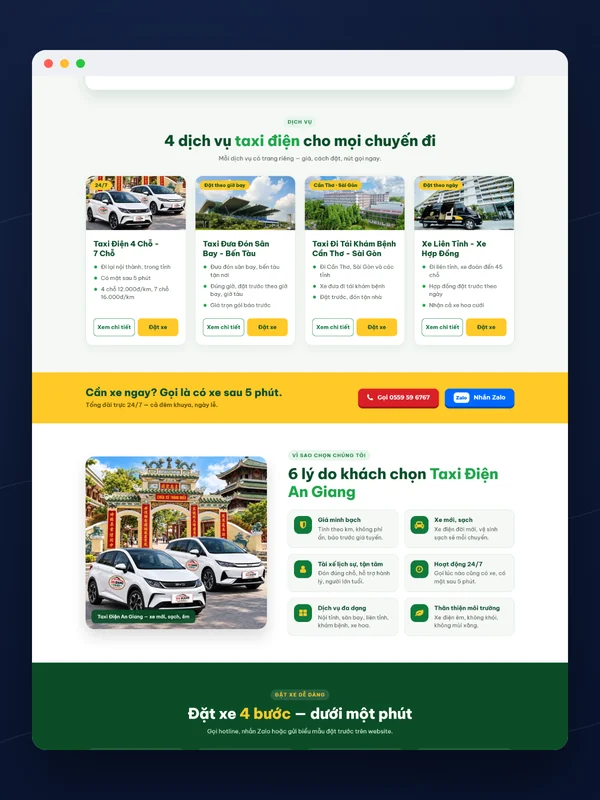 Giao diện website Taxi Điện An Giang do Net Solutions thiết kế: 4 dịch vụ, 6 lý do chọn và quy trình đặt xe trên máy tính