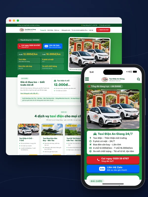 Giao diện website Taxi Điện An Giang do Net Solutions thiết kế: trang chủ tr&ecirc;n m&aacute;y t&iacute;nh v&agrave; điện thoại