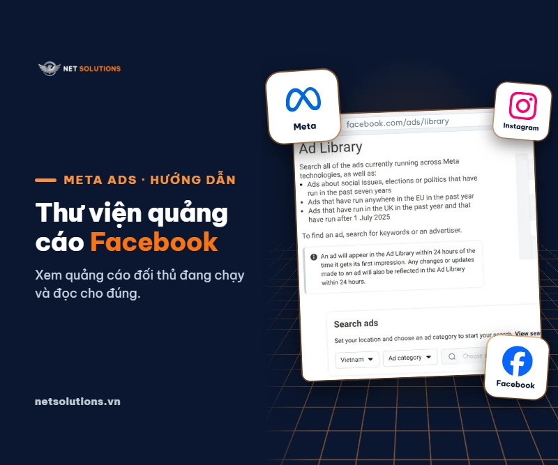 Ảnh chụp trang Thư viện quảng cáo của Meta (Ad Library) cùng logo Meta, Facebook và Instagram