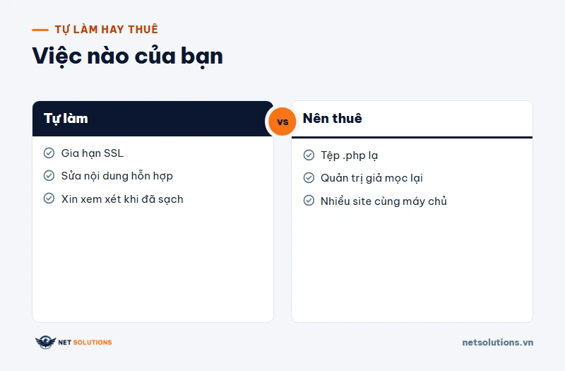 Thẻ so sánh việc chủ website tự làm được và việc nên thuê người xử lý khi website bị cảnh báo không an toàn