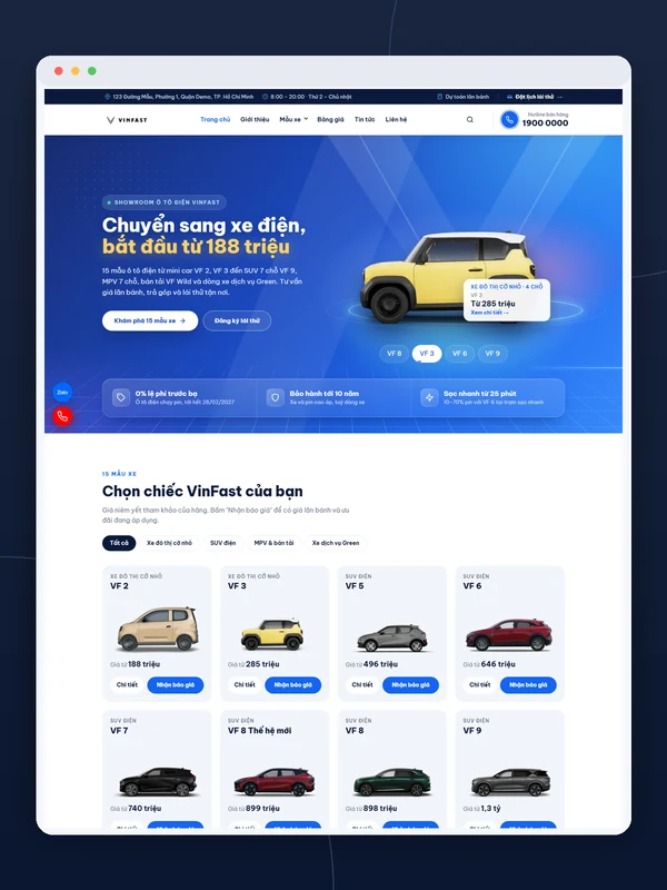 Giao diện mẫu VinFast trên máy tính: banner và danh sách xe