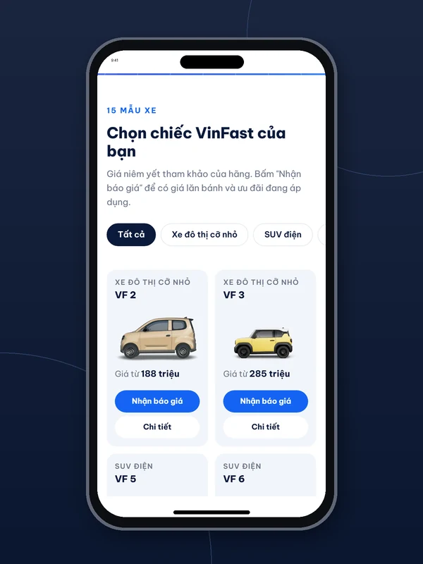 Danh sách xe VinFast trên mobile, hiển thị hai cột trong khung điện thoại