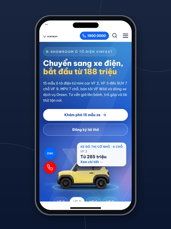 Trang chủ VinFast trên mobile, chụp thật trong khung điện thoại