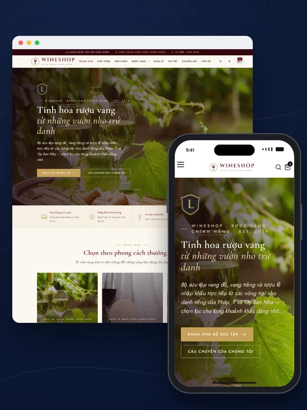 Giao diện mẫu website rượu vang Wineshop trên máy tính và điện thoại