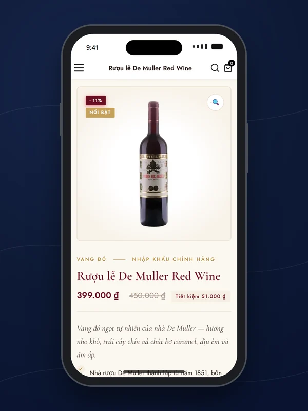 Trang chi tiết rượu lễ De Muller Red Wine trên mobile, trong khung điện thoại